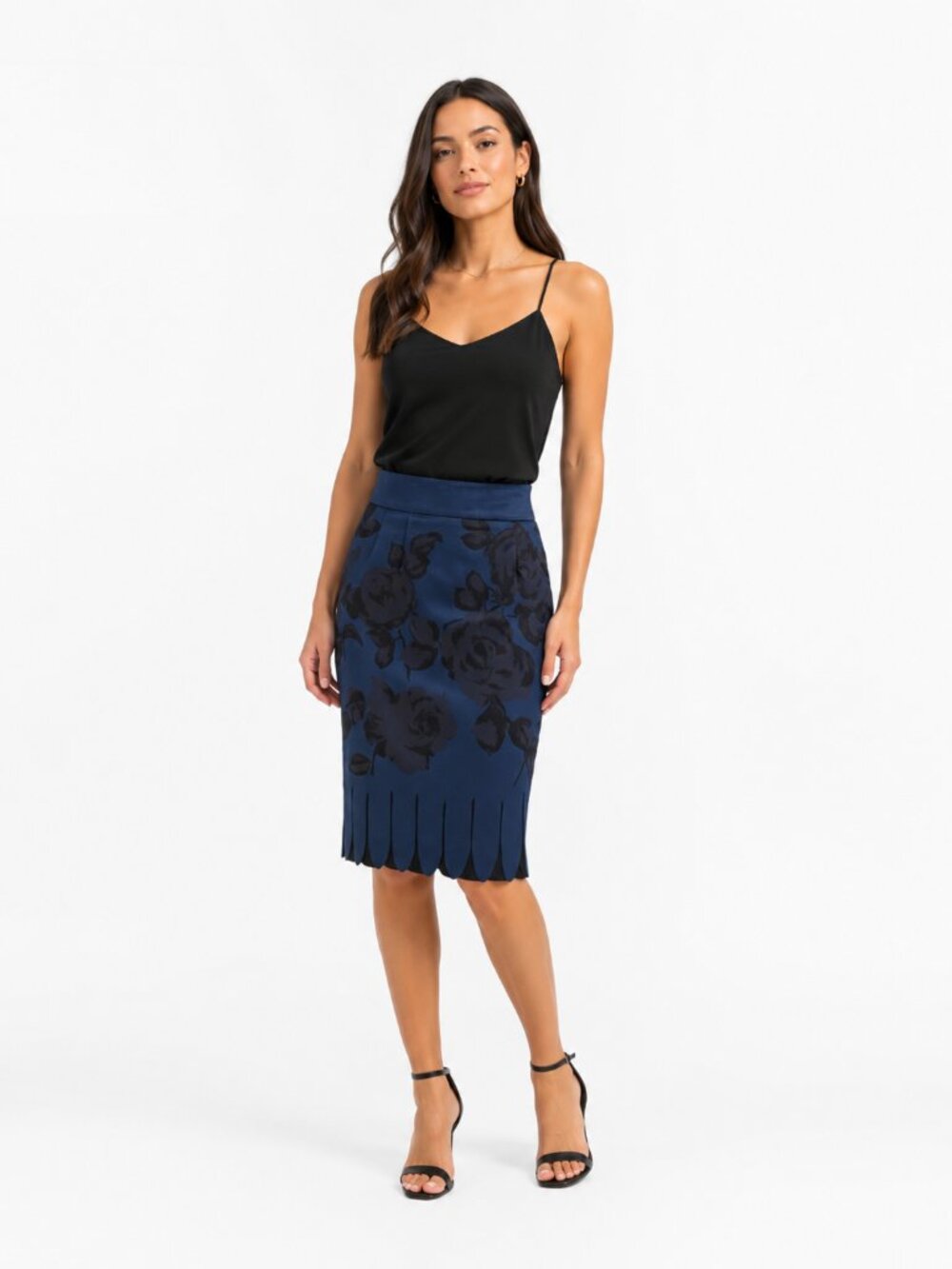 RED VALENTINO NAVY BLACK FLORAL SATIN HIGH RISE PENCIL SKIRT - XS